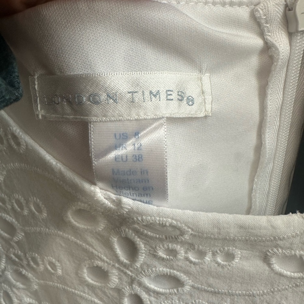 London Times 100% Cotton White Eyelet Short Sleeve Shift Mini Dress - Picture 10 of 12